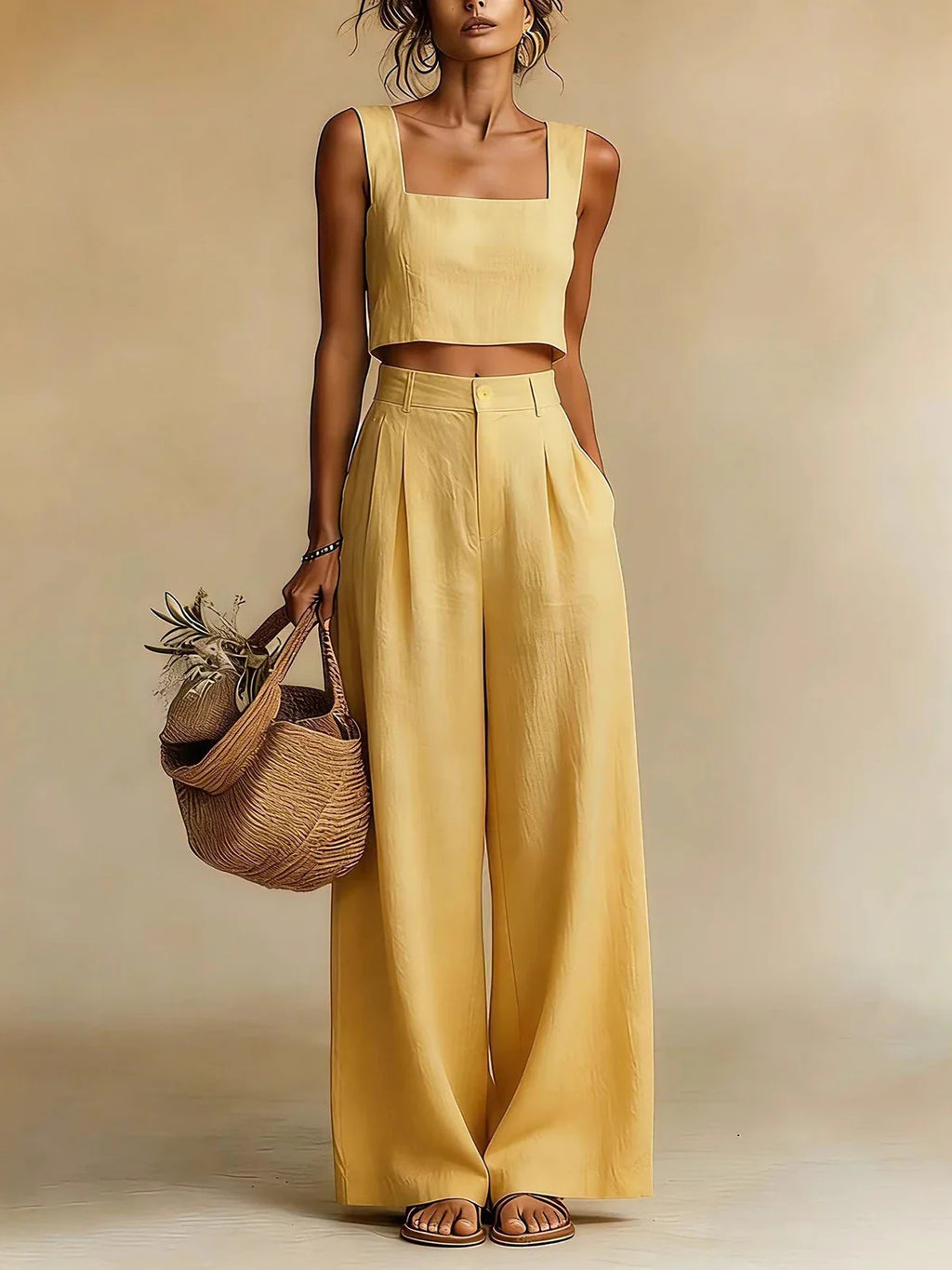 Women's Linen Crop Top Pants Set