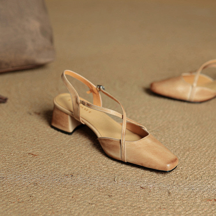 Women's Slingback Square Toe Block Heel Pumps