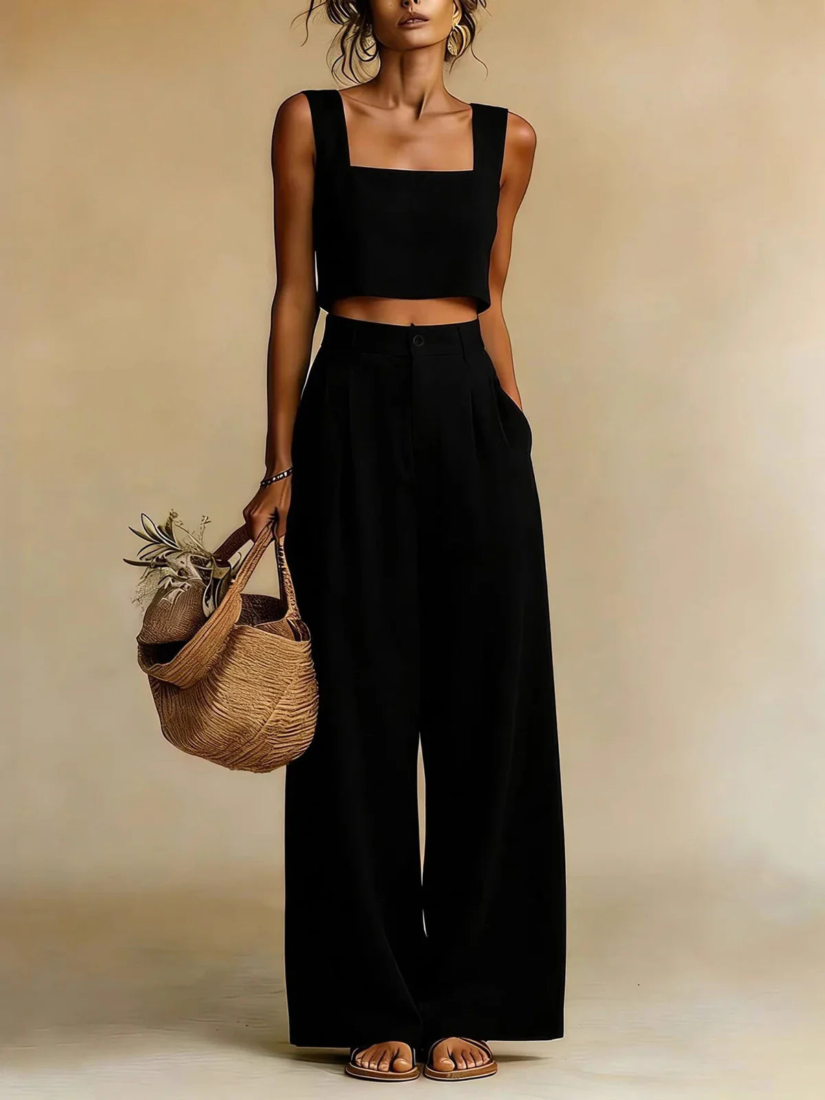 Women's Linen Crop Top Pants Set