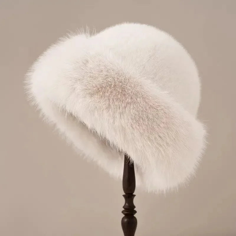 Women's Faux Fur Bucket Hat with Wide Brim