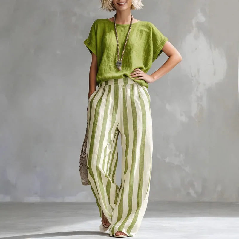 Women's Linen Top Striped Pants Set