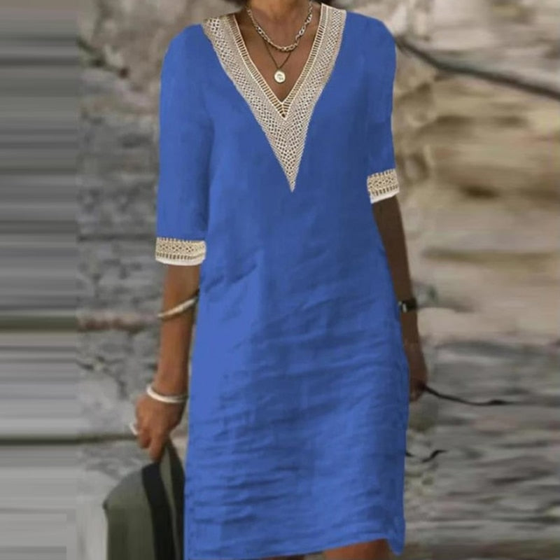 Women's Linen V Neck Dress