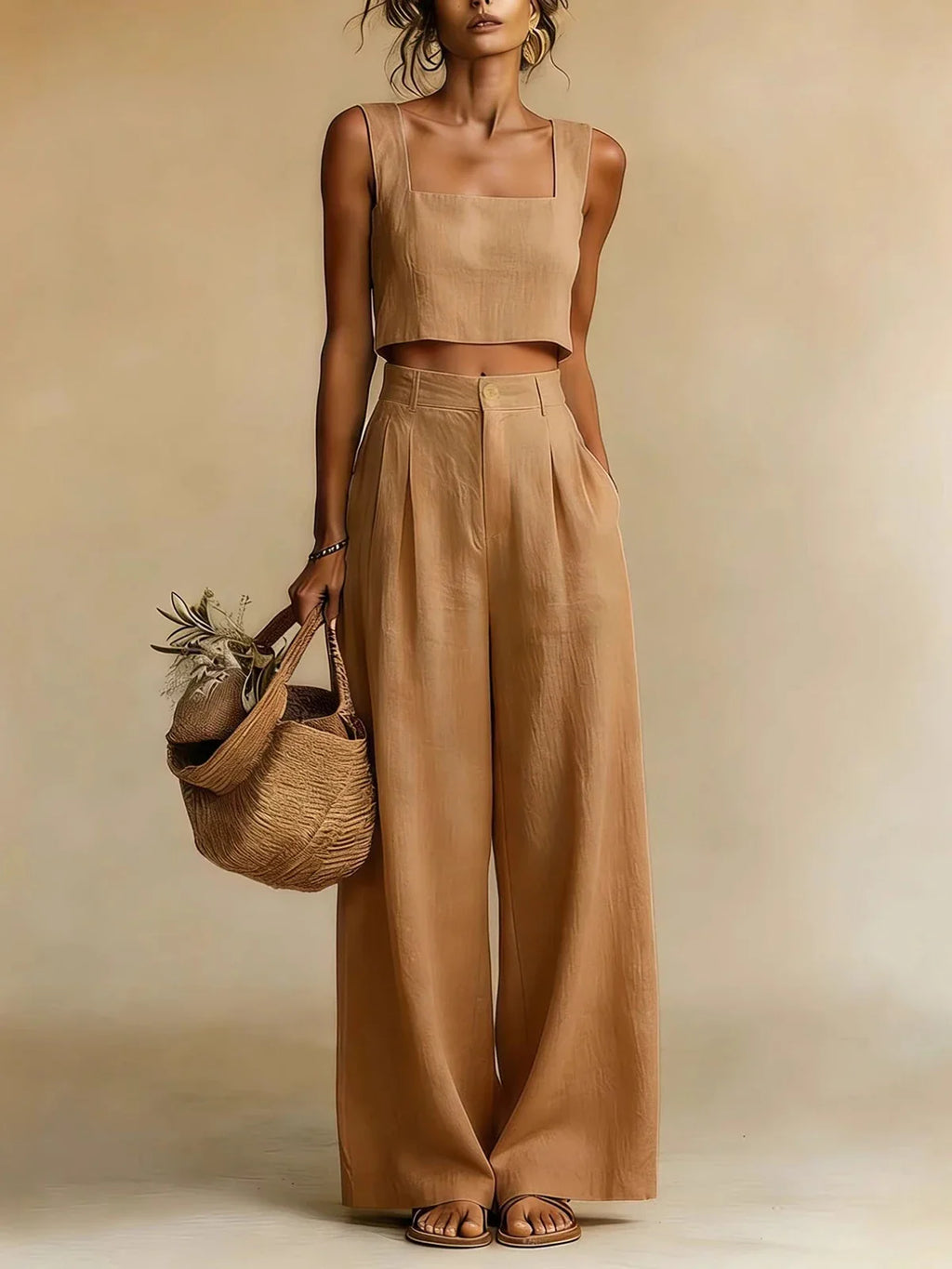 Women's Linen Crop Top Pants Set