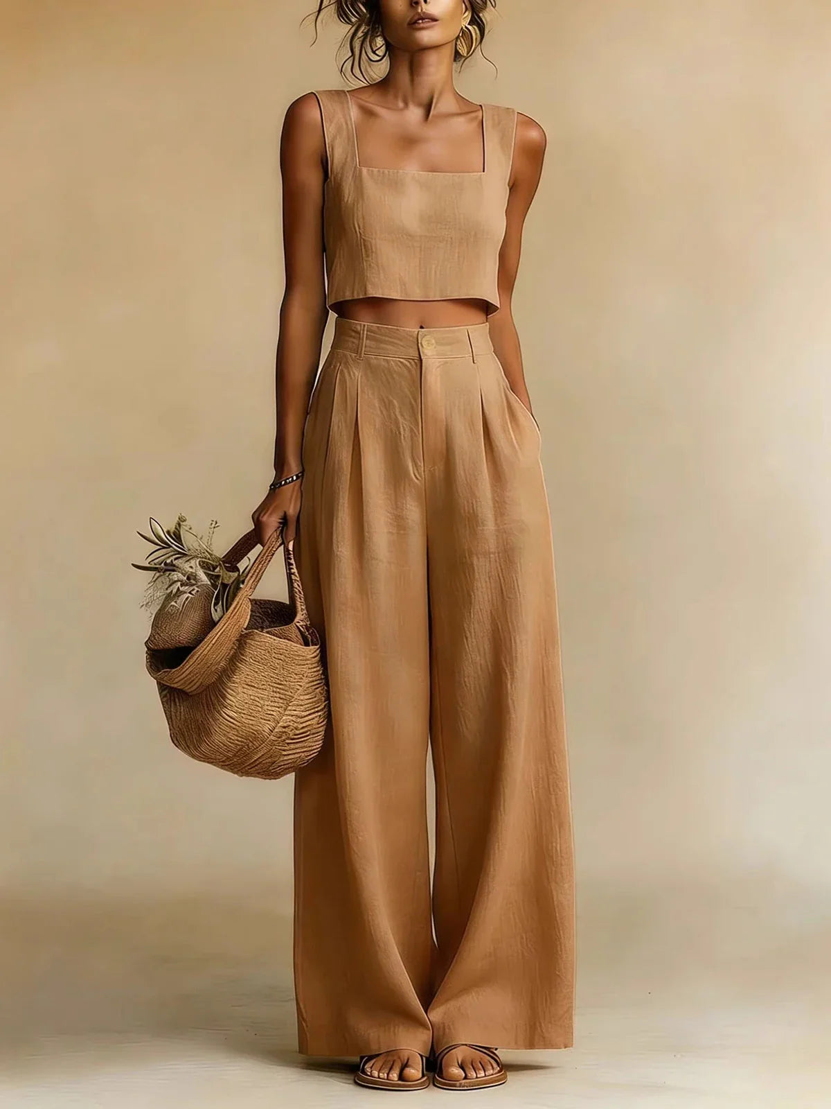 Women's Linen Crop Top Pants Set