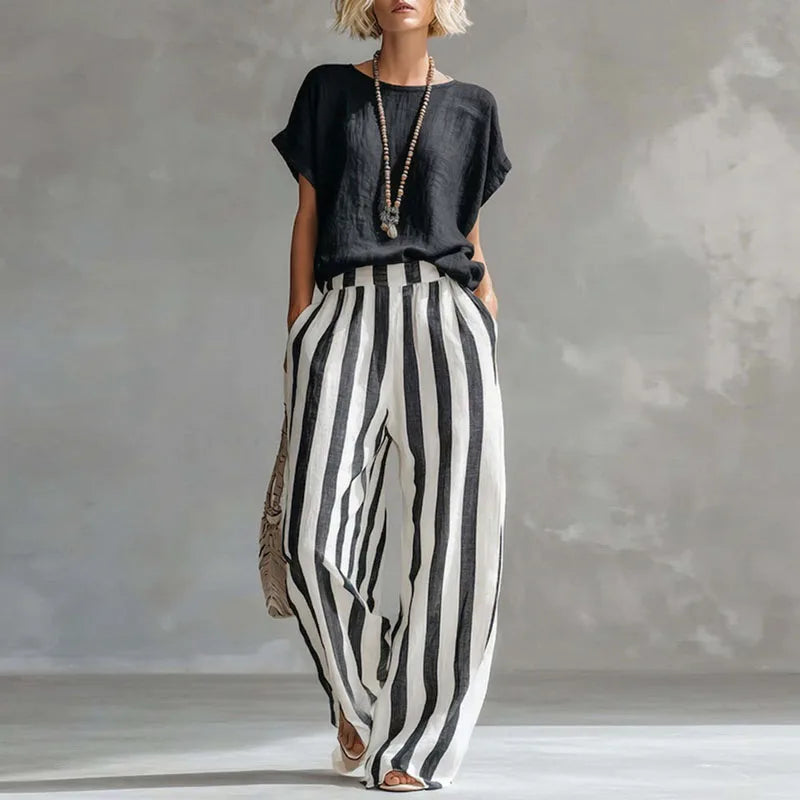 Women's Linen Top Striped Pants Set
