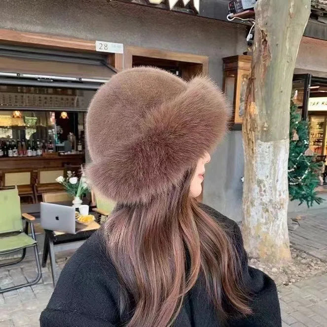Women's Faux Fur Bucket Hat with Wide Brim