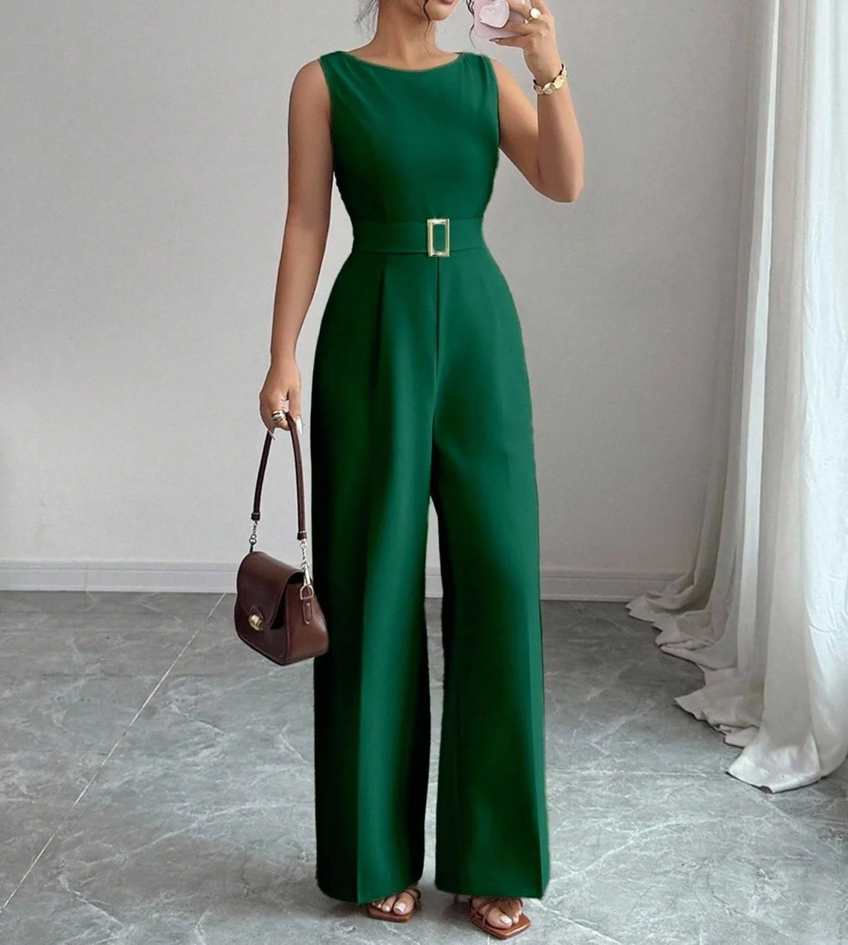 Women's Sleeveless Wide Leg Belted Jumpsuit