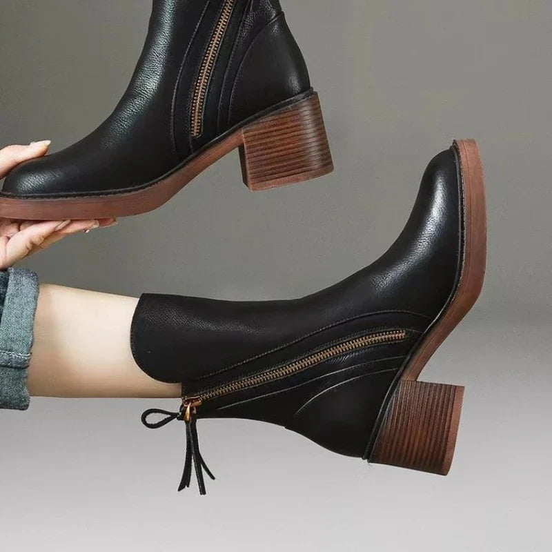 Women's Mid-Calf Zip Detail Block Heel Boots