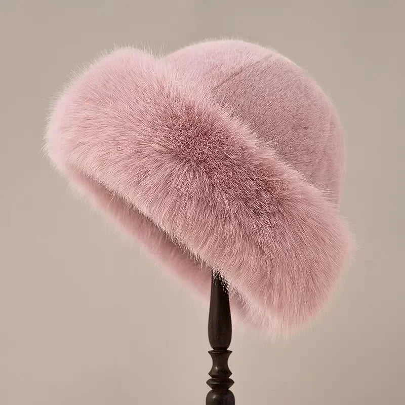 Women's Faux Fur Bucket Hat with Wide Brim
