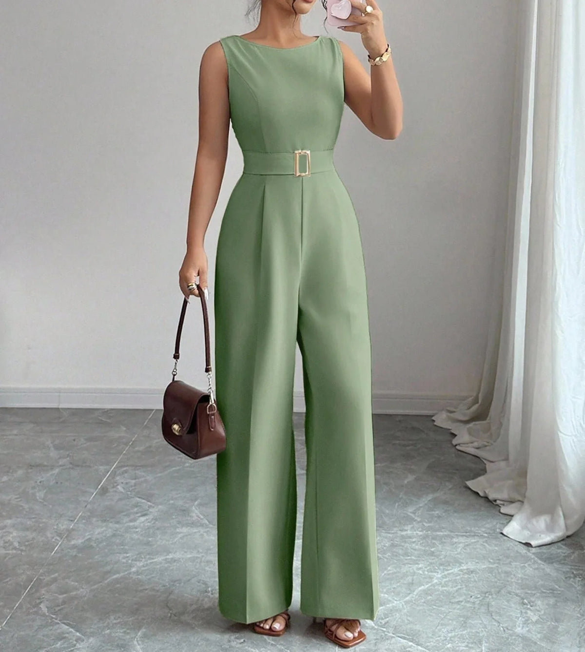 Women's Sleeveless Wide Leg Belted Jumpsuit