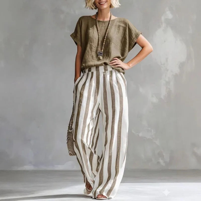 Women's Linen Top Striped Pants Set
