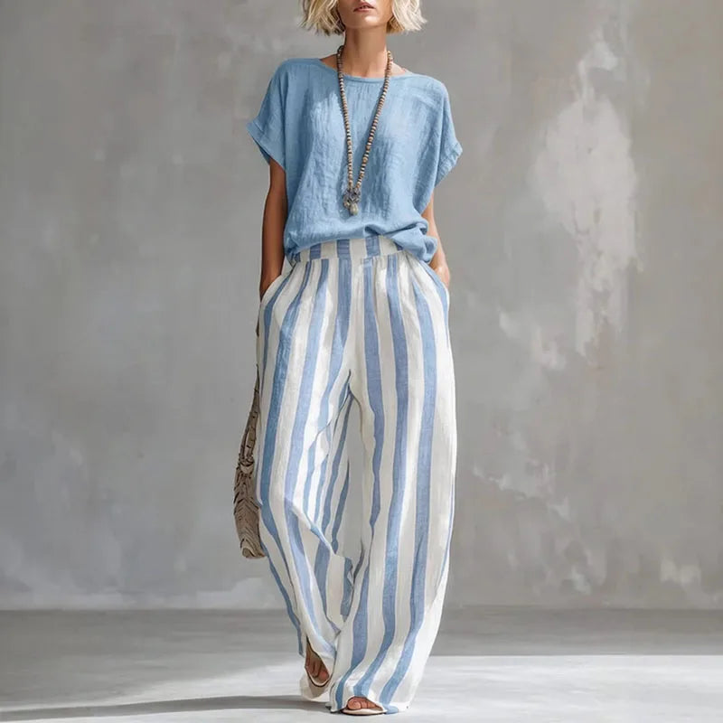 Women's Linen Top Striped Pants Set