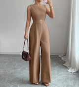Women's Sleeveless Wide Leg Belted Jumpsuit