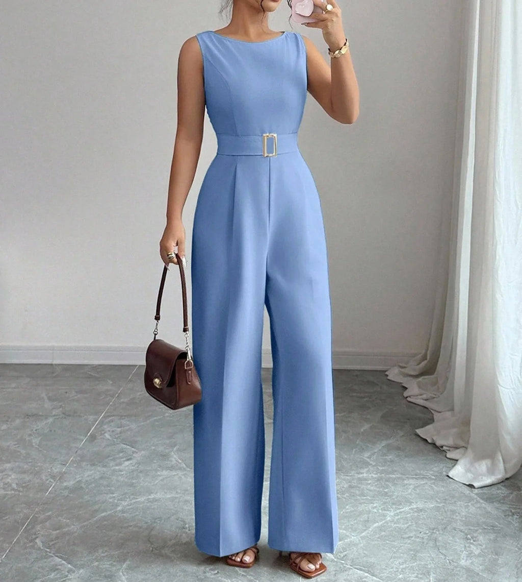Women's Sleeveless Wide Leg Belted Jumpsuit