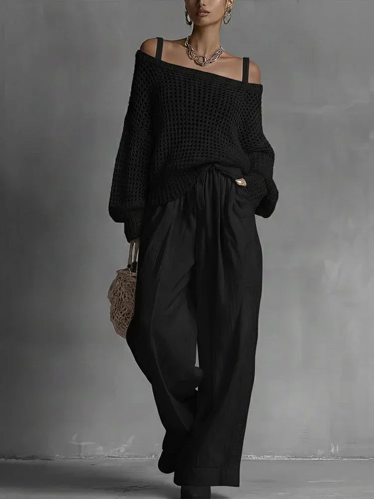 Women’s Open-Knit Sweater and Wide-Leg Pant Set