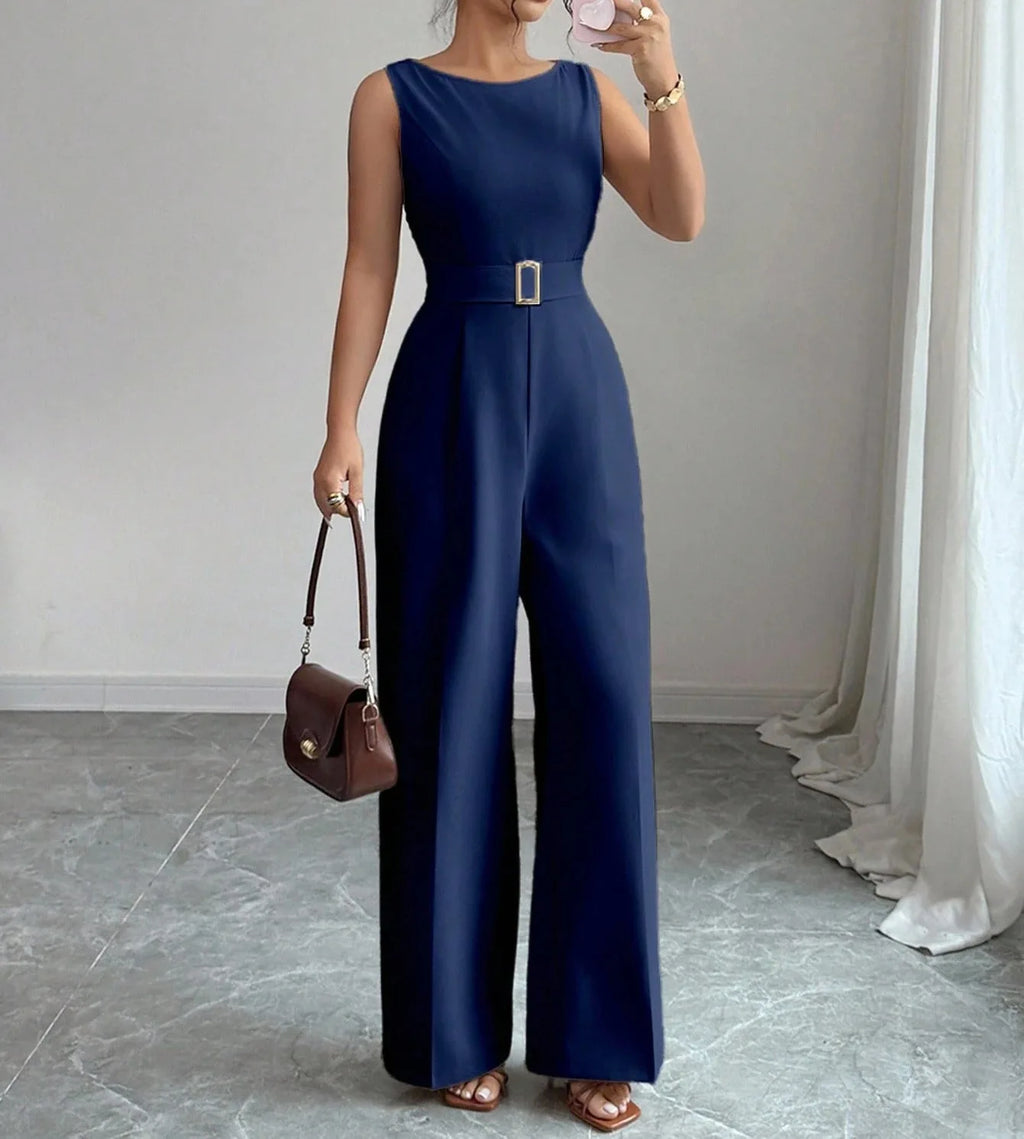 Women's Sleeveless Wide Leg Belted Jumpsuit