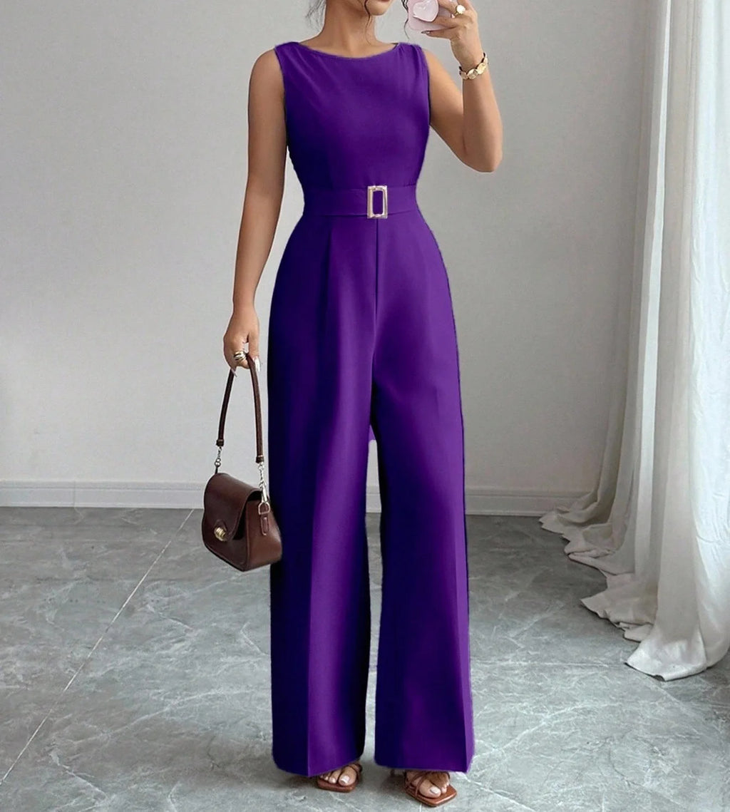 Women's Sleeveless Wide Leg Belted Jumpsuit