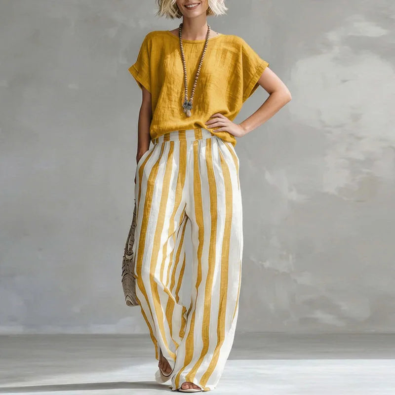 Women's Linen Top Striped Pants Set