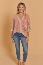 Women’s Printed Lace-Trim V-Neck Blouse