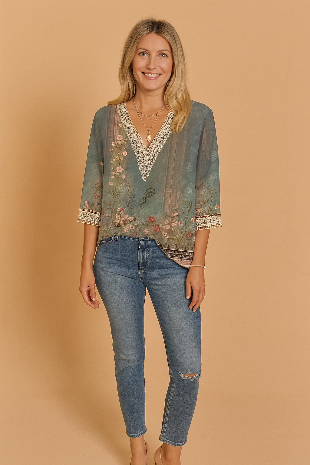 Women’s Printed Lace-Trim V-Neck Blouse