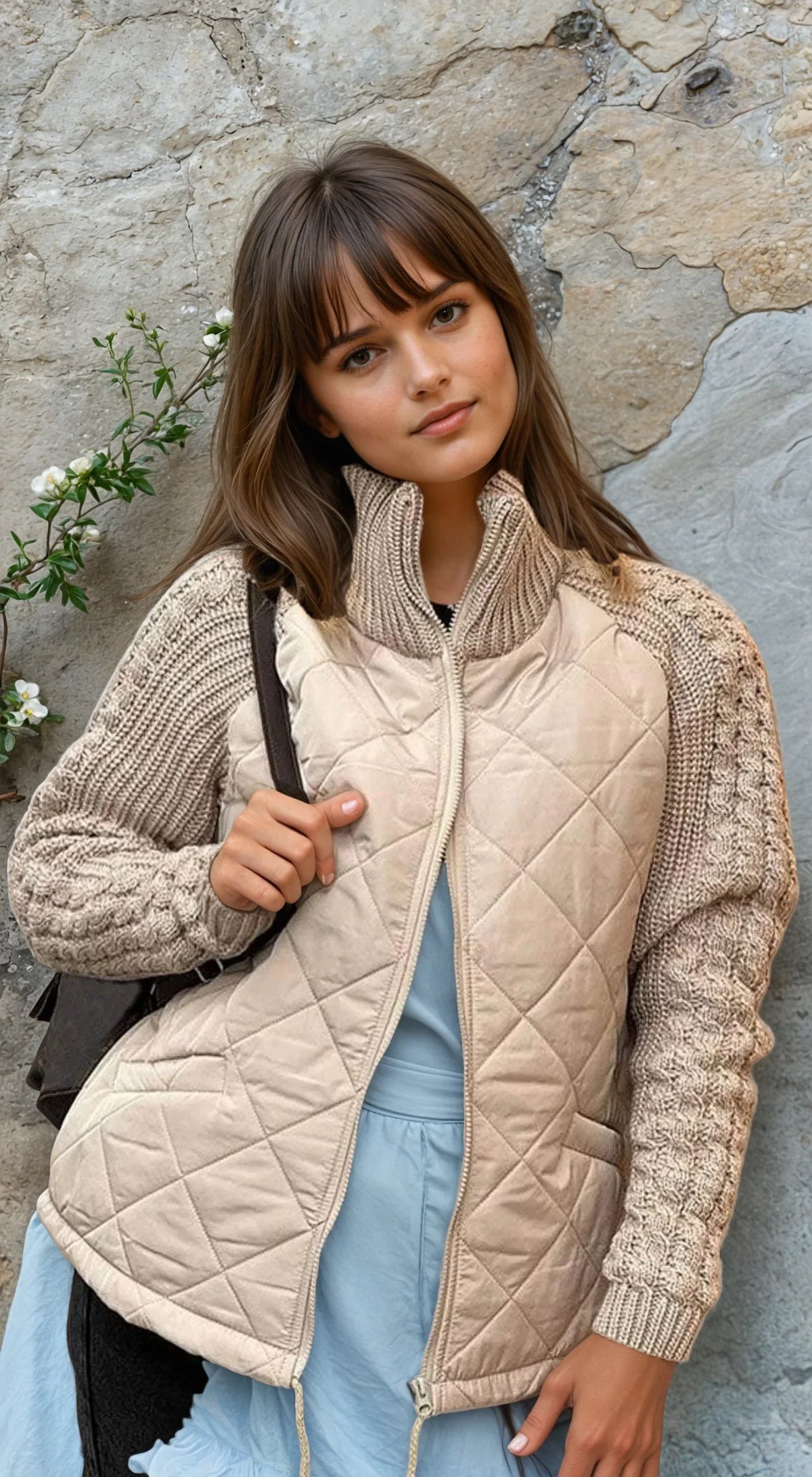 Women's Quilted Zip Jacket with Textured Sleeves
