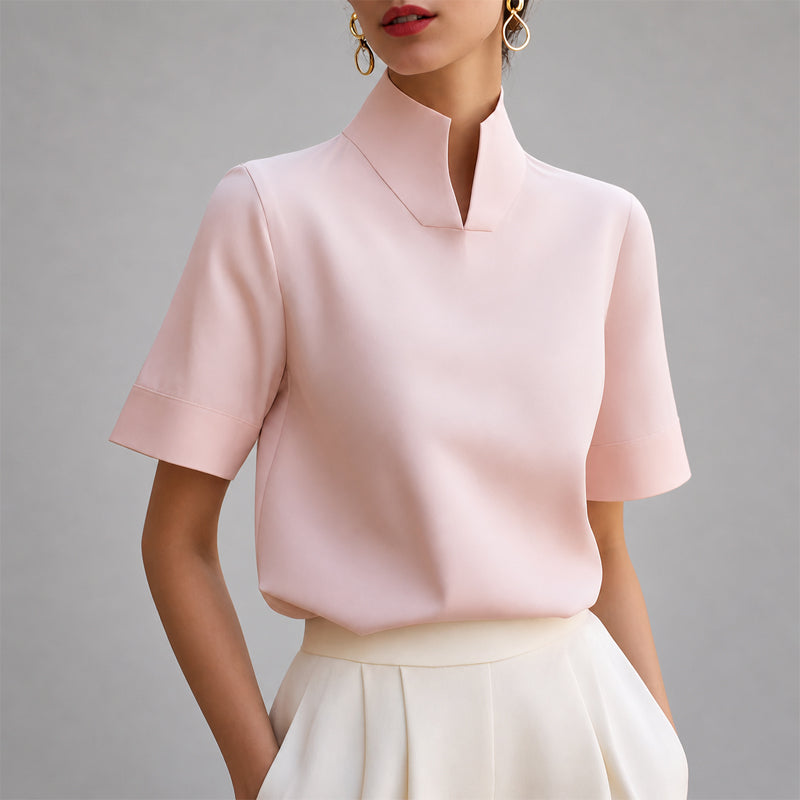 Women's Short Sleeve Blouse with Stand Collar