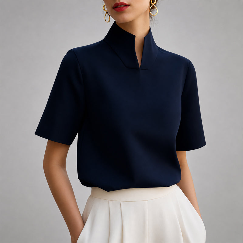 Women's Structured V-Cut Mock Neck Blouse