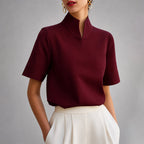 Women's Structured V-Cut Mock Neck Blouse
