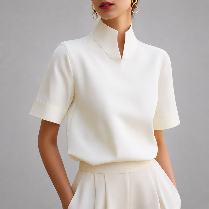 Women's Structured V-Cut Mock Neck Blouse
