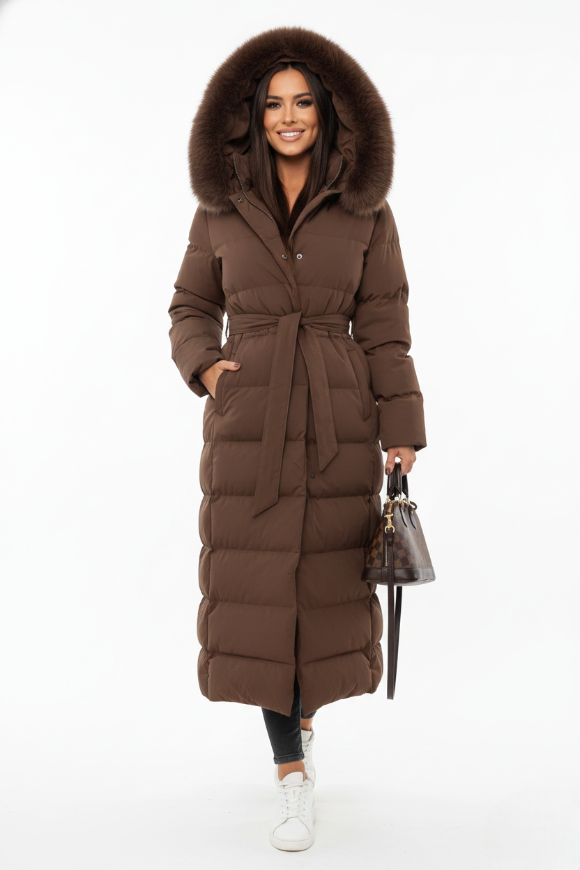 Women’s Belted Hooded Long Puffer Coat