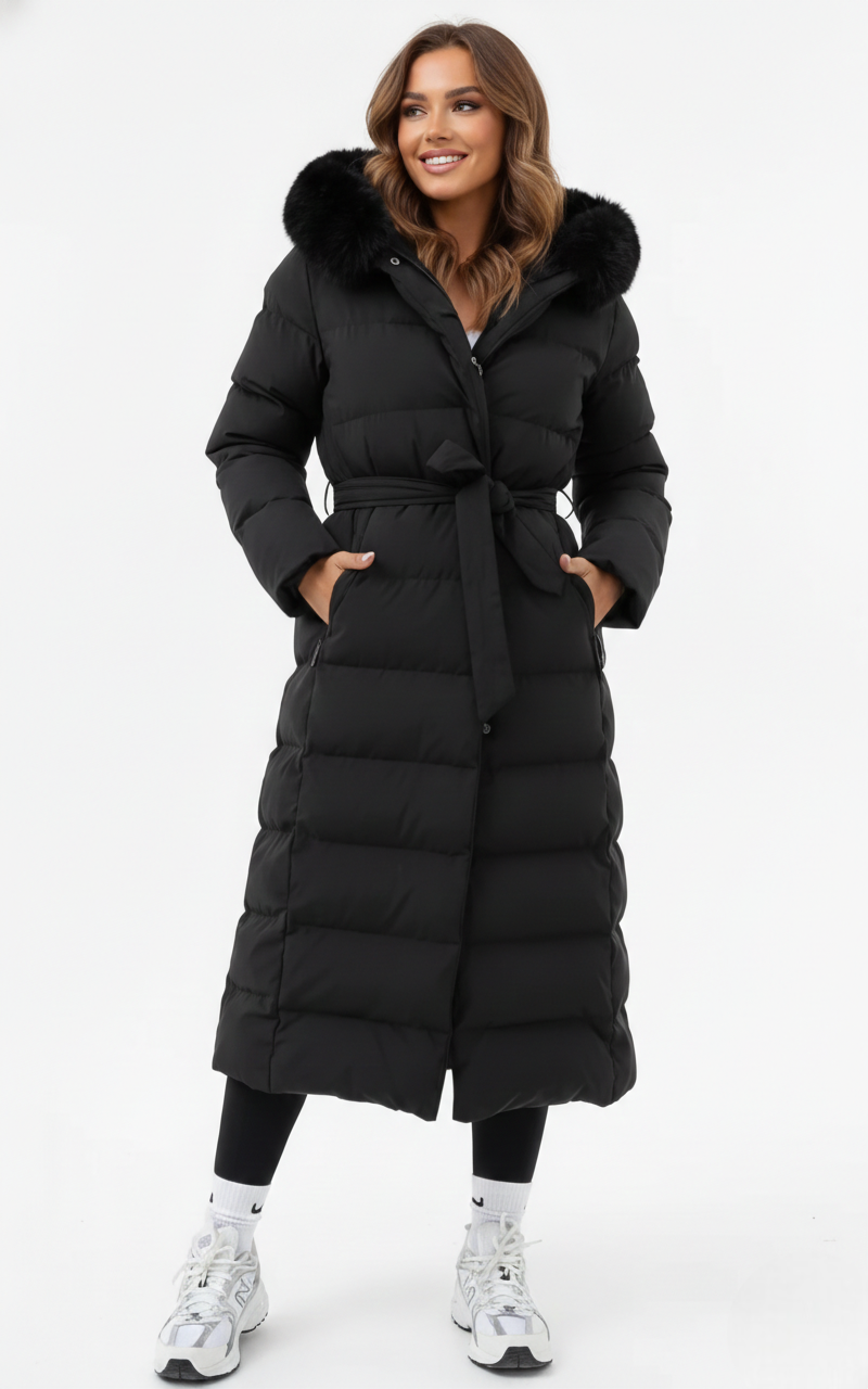 Women’s Belted Hooded Long Puffer Coat