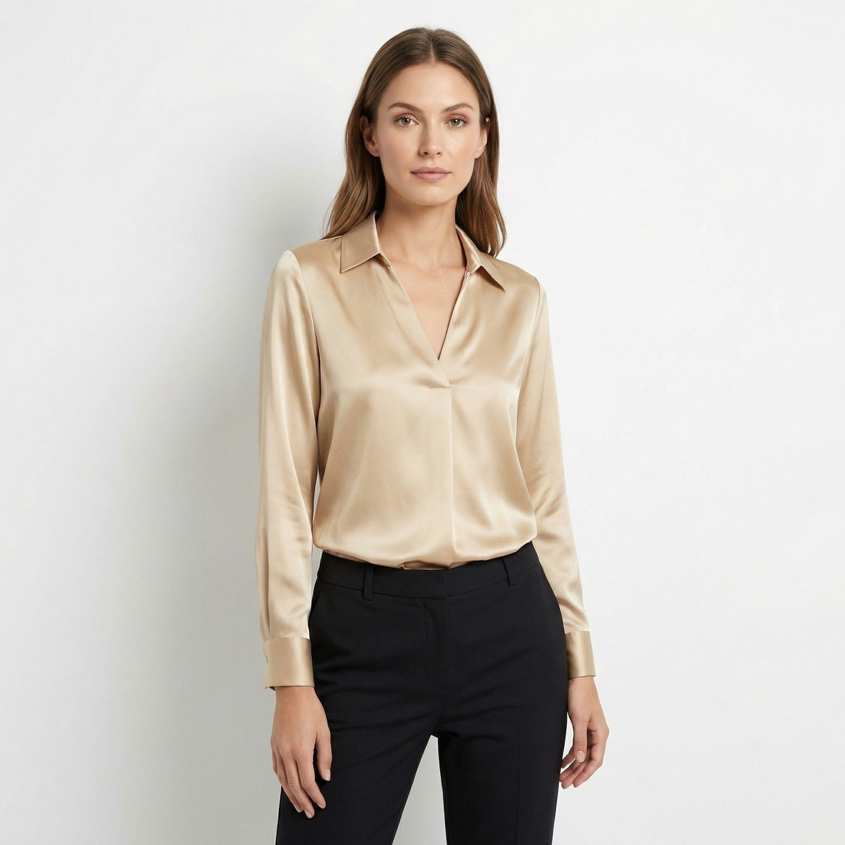 Women’s Long Sleeve V-Neck Satin Blouse