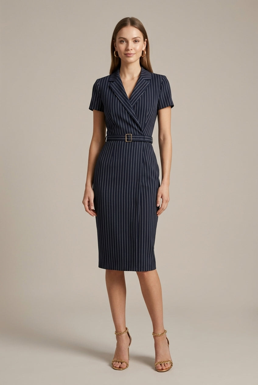 Women’s Pinstripe Belted Midi Dress