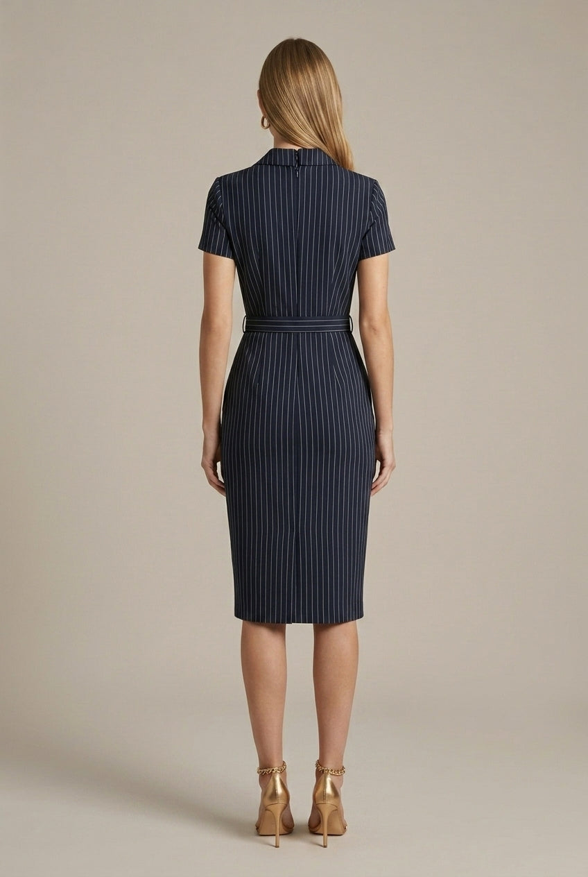Women’s Pinstripe Belted Midi Dress