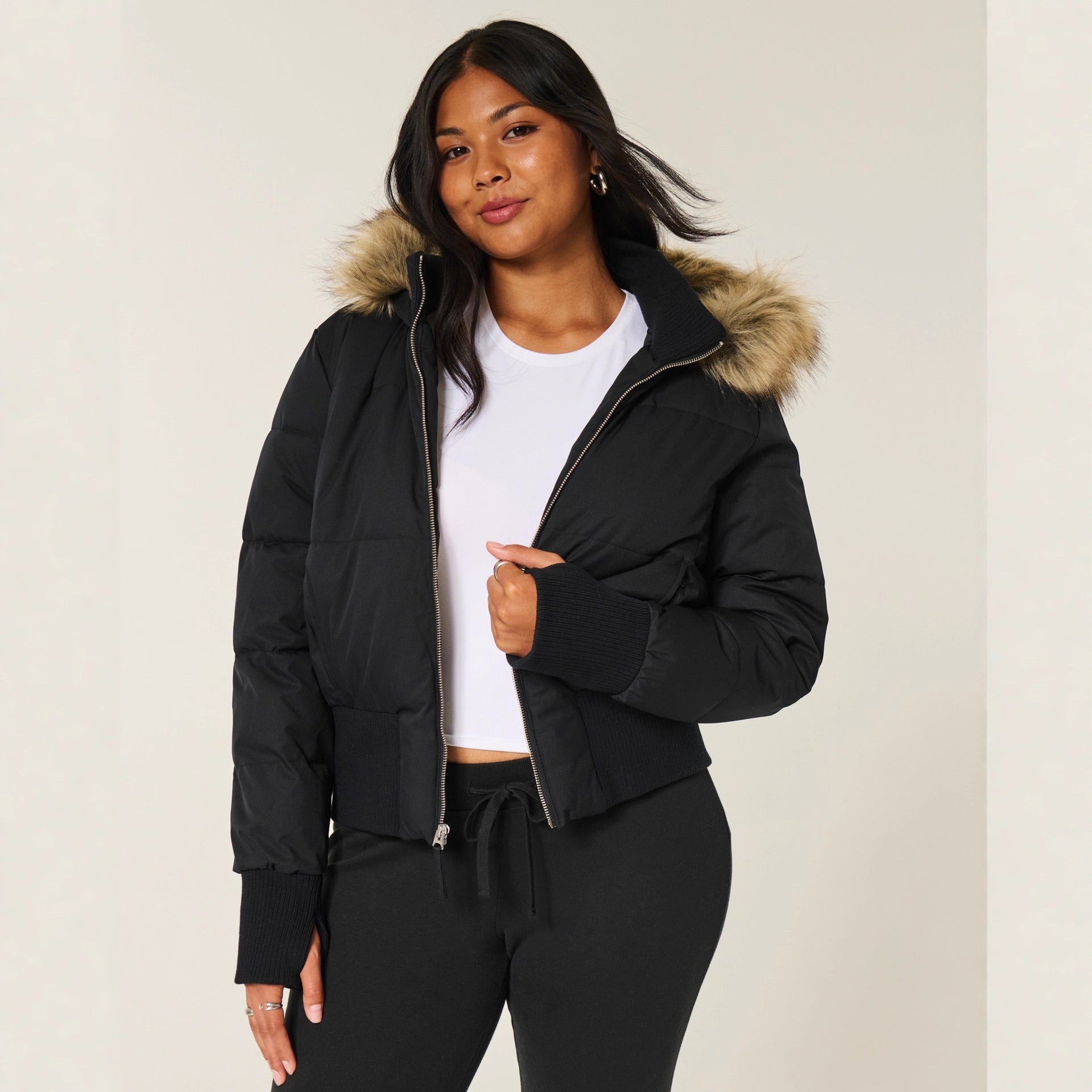 Women’s Fur-Trim Hooded Cropped Puffer Jacket