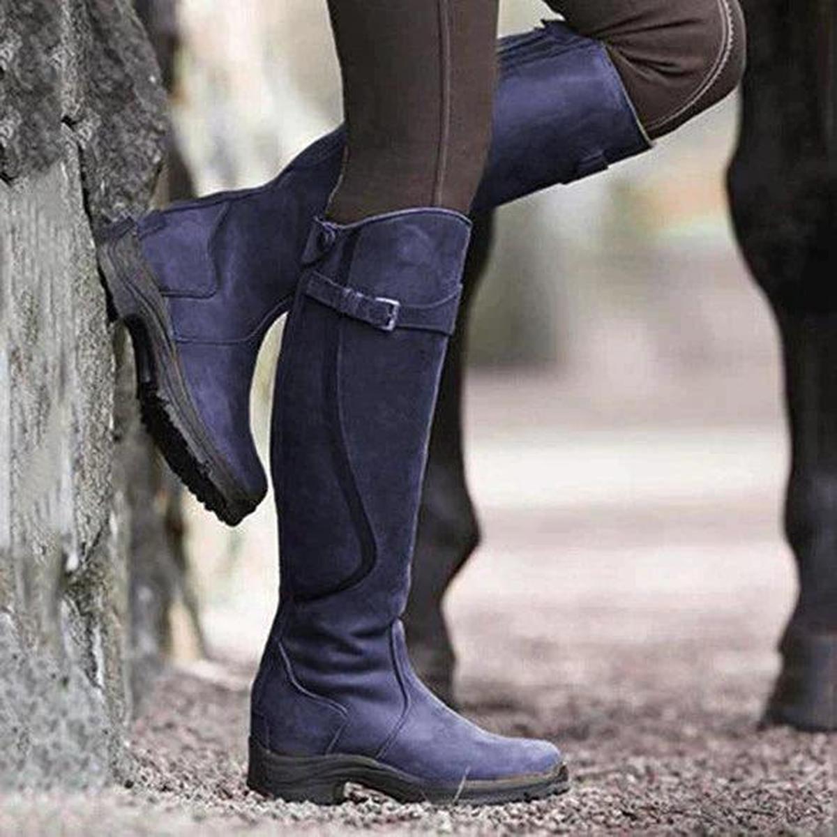 Women's Classic Knee-High Riding Boots with Buckle Detail