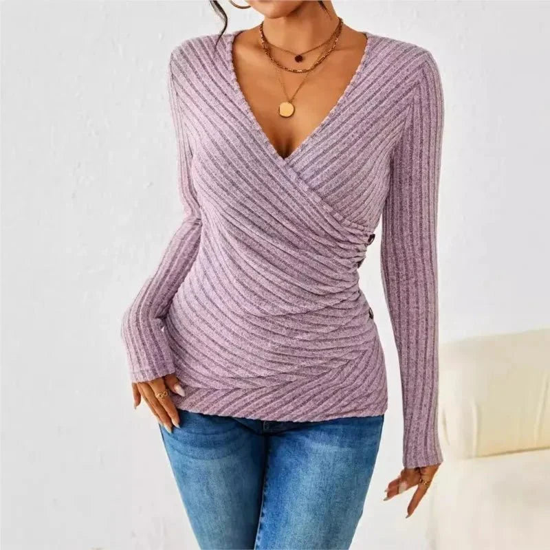 Women’s Ribbed Wrap V-Neck Long Sleeve Top