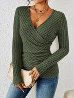 Women’s Ribbed Wrap V-Neck Long Sleeve Top