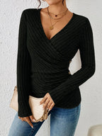 Women’s Ribbed Wrap V-Neck Long Sleeve Top