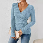Women’s Ribbed Wrap V-Neck Long Sleeve Top