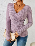 Women’s Ribbed Wrap V-Neck Long Sleeve Top