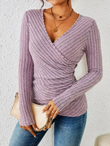 Women’s Ribbed Wrap V-Neck Long Sleeve Top