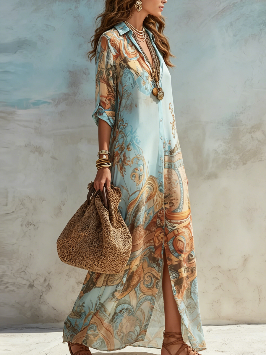 Women's Printed Maxi Shirt Dress