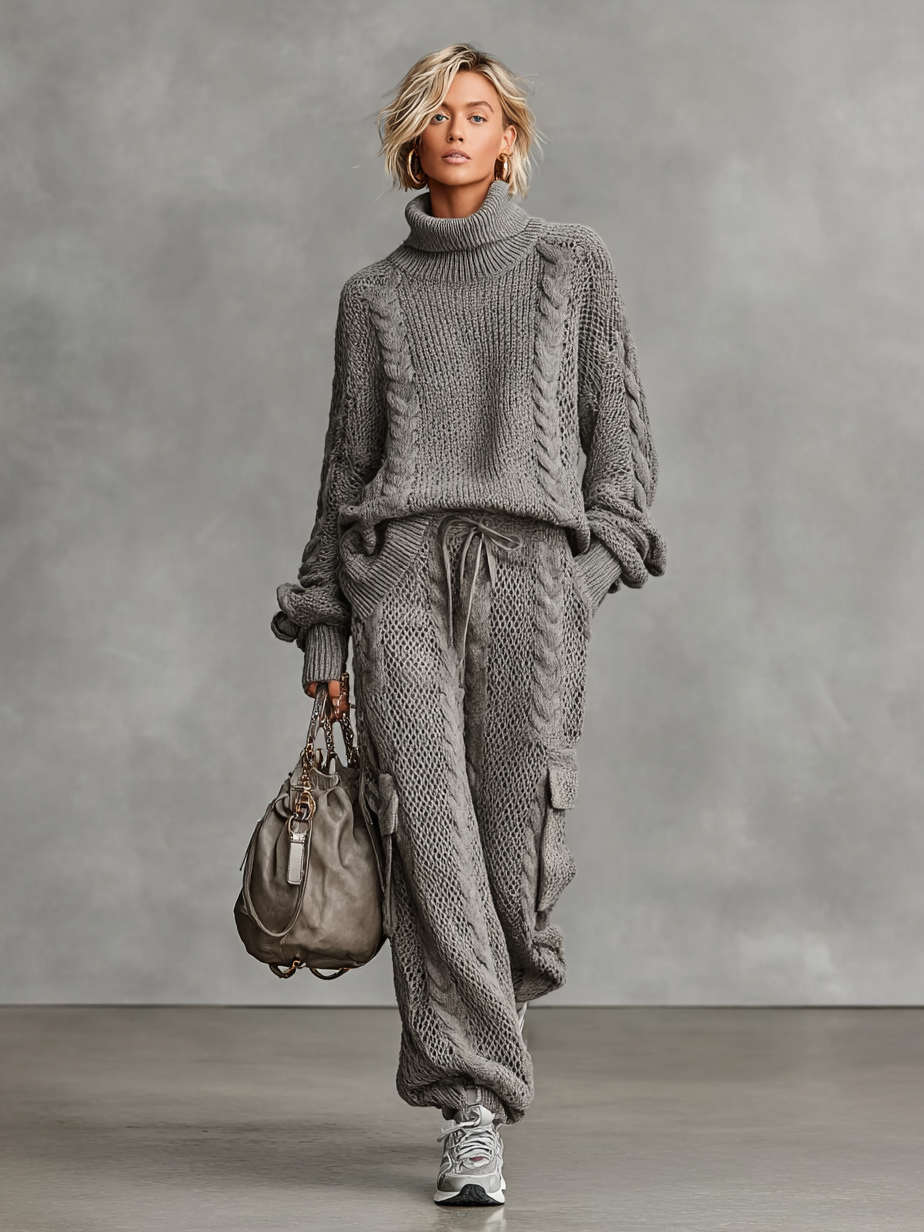Women's Cable Knit Turtleneck Sweater and Pants Set