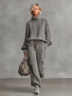 Women's Cable Knit Turtleneck Sweater and Pants Set