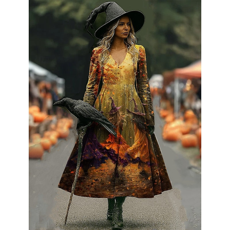 Women's Halloween Graphic Print Long Sleeve Midi Dress