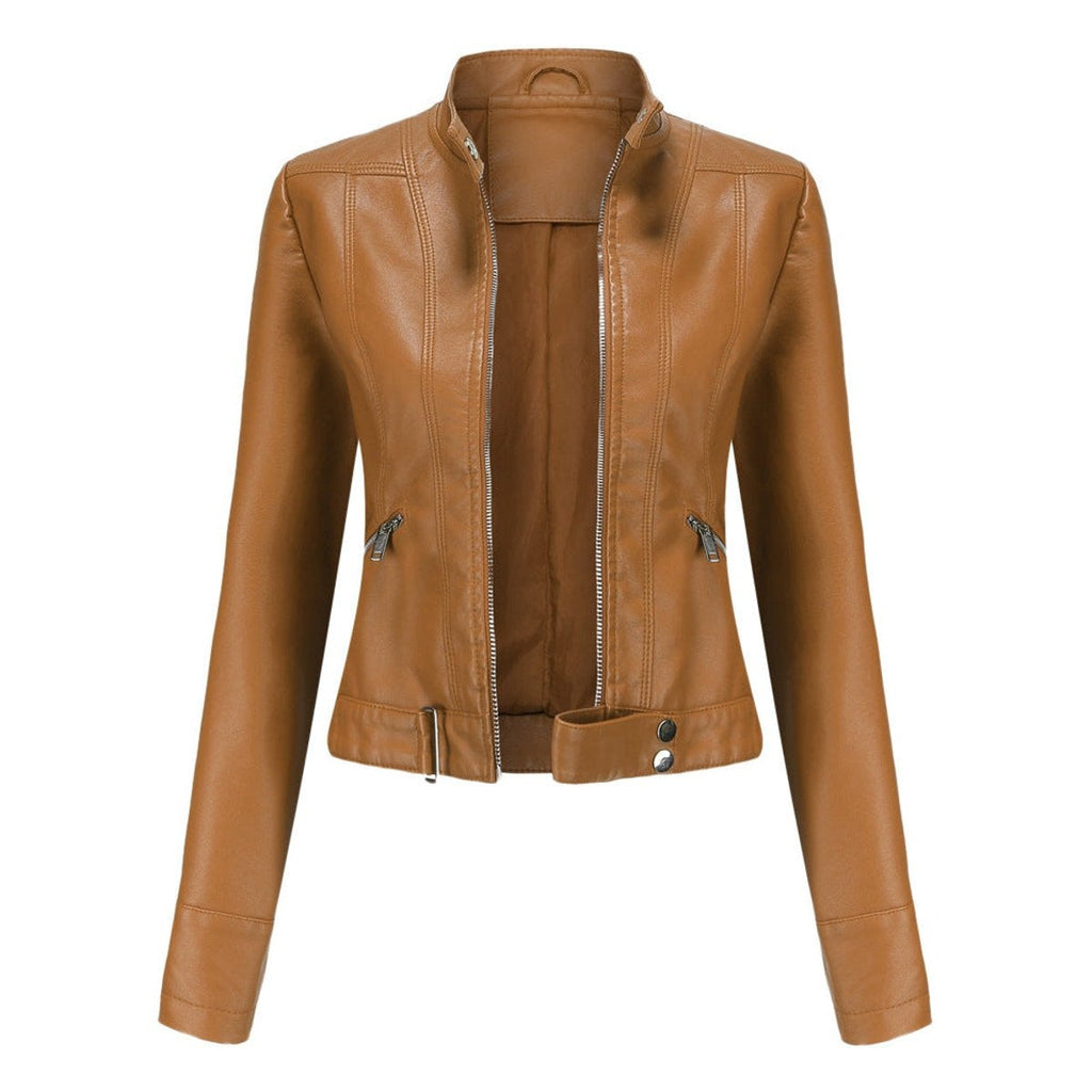 Women's Short Moto Jacket with Stand Collar