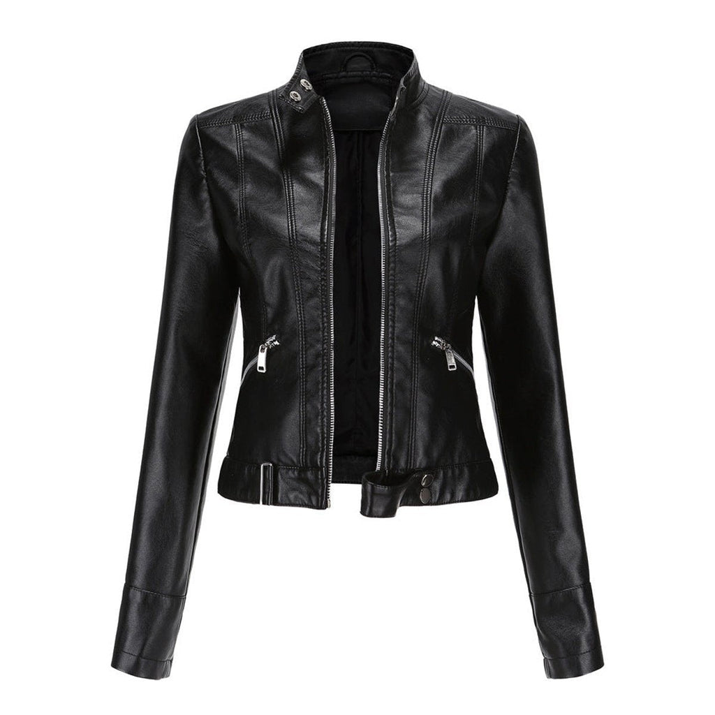 Women's Short Moto Jacket with Stand Collar