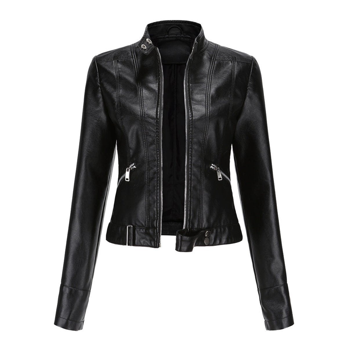 Women's Short Moto Jacket with Stand Collar