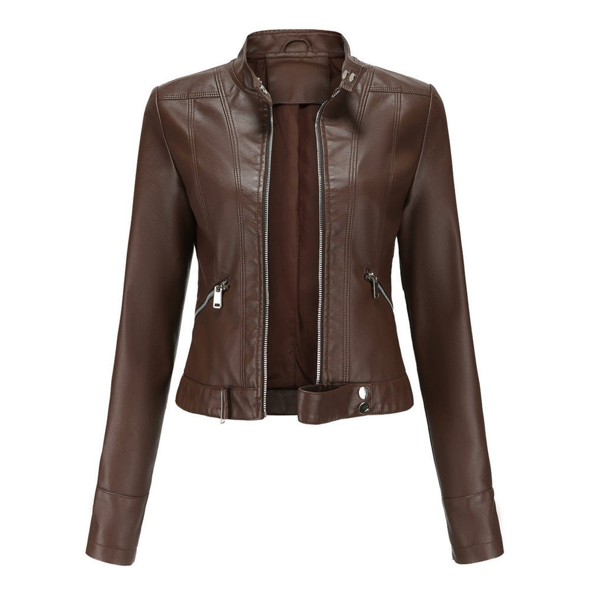 Women's Short Moto Jacket with Stand Collar